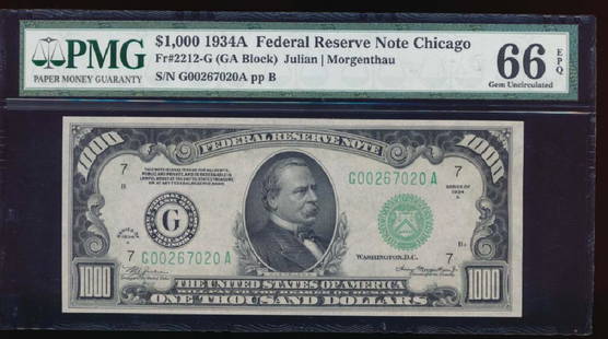 1934A $1000 Chicago Federal Reserve Note PMG 66EPQ: One 1934A $1000 Chicago Federal Reserve Note PMG 66EPQ.