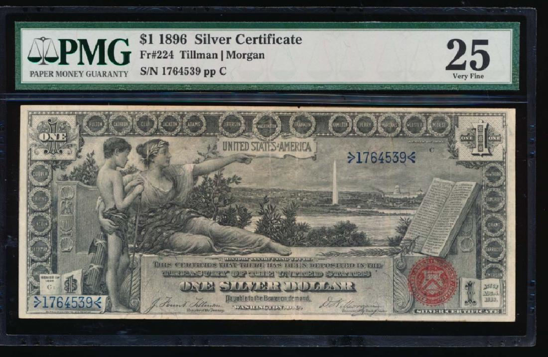 1896 $1 Educational Silver Certificate PMG 25: One 1896 $1 Silver Certificate PMG 25.