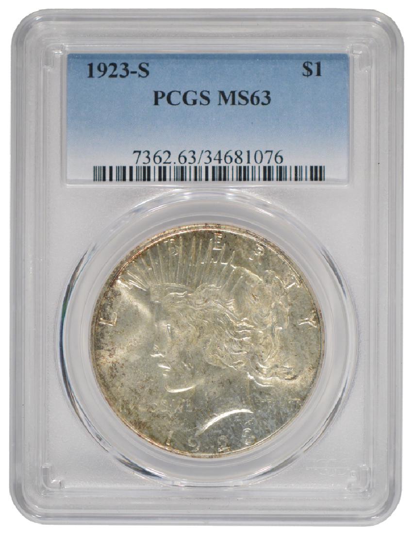 1923-S $1 Peace Silver Dollar Coin PCGS MS63: One 1923-S $1 Peace Silver Dollar Coin PCGS MS63.