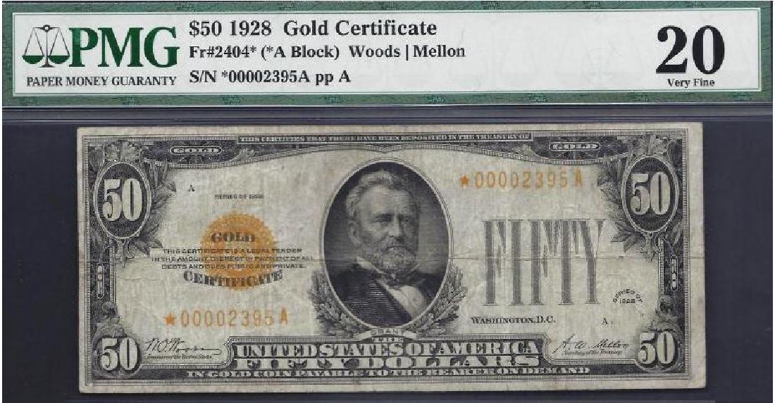 1928 $50 Gold Certificate Star Note PMG 20: One 1928 $50 Gold Certificate Star Note PMG 20.