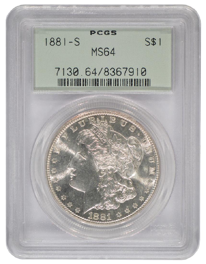 1881-S $1 Morgan Silver Dollar Coin PCGS MS64: One 1881-S $1 Morgan Silver Dollar Coin PCGS MS64.