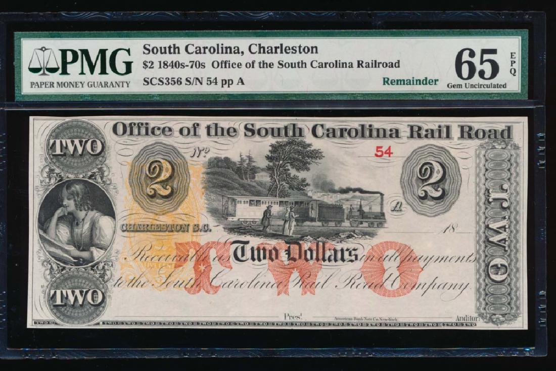 1840-70s $2 South Carolina Obsolete Note PMG 65EPQ: One 1840-70s $2 South Carolina Obsolete Note PMG 65EPQ.
