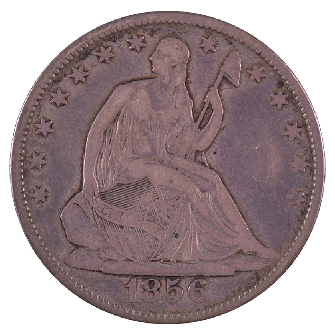 1856 Liberty Seated Half Dollar Coin: One 1856 Liberty Seated Half Dollar Coin.