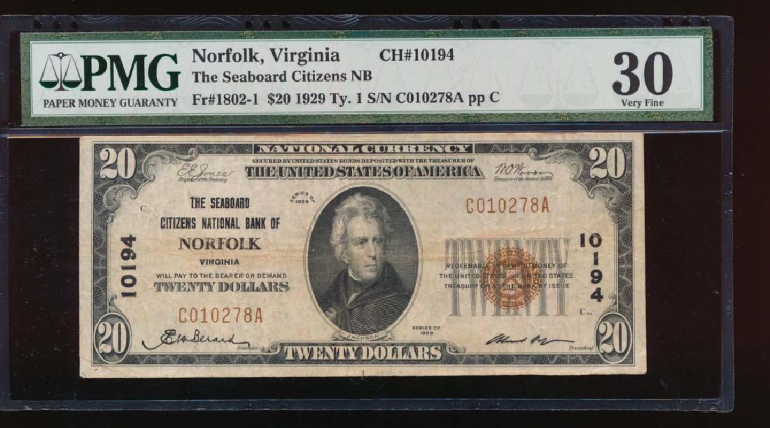 1929 $20 The Seaboard Citizens Nation Bank Note PMG 30: One 1929 $20 The Seaboard Citizens Nation Bank Note PMG 30.