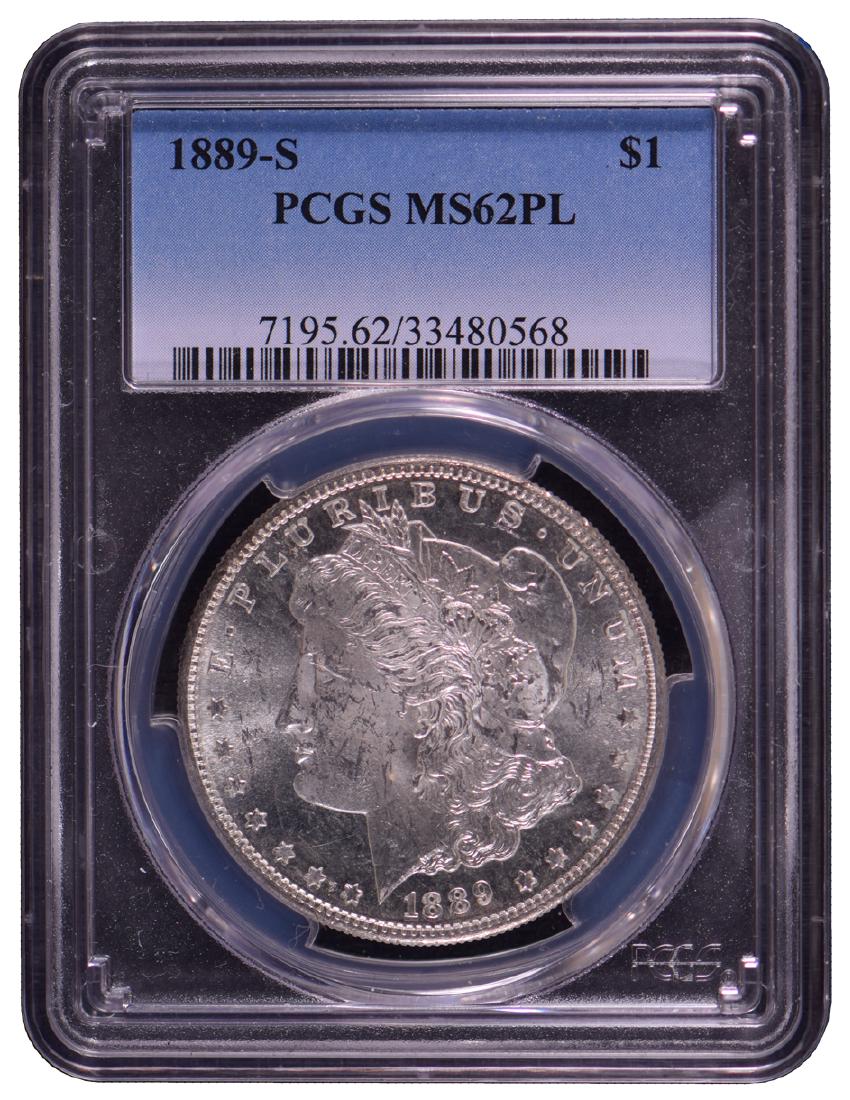 1889-S $1 Morgan Silver Dollar Coin PCGS MS62PL: One 1889-S $1 Morgan Silver Dollar Coin PCGS MS62PL.