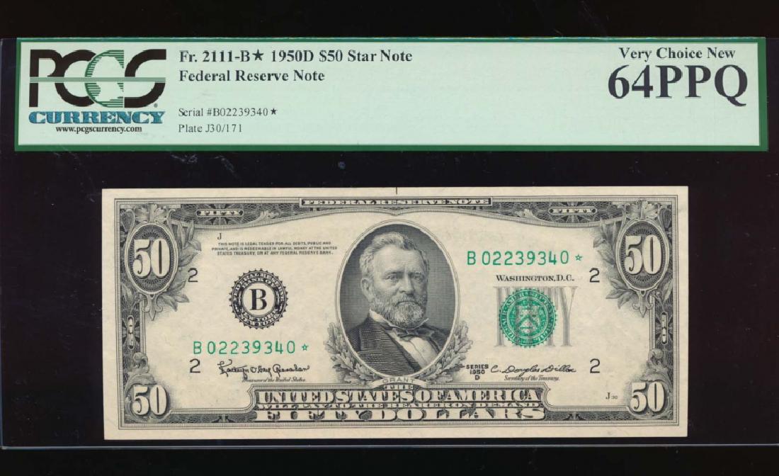 1950D $50 New York Federal Reserve Star Note PCGS 64PPQ: One 1950D $50 New York Federal Reserve Star Note PCGS 64PPQ.