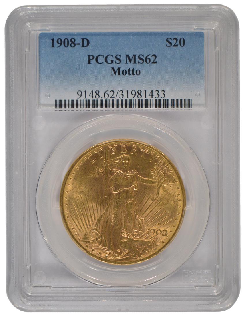 1908-D $20 St Gaudens Double Eagle Motto Gold Coin PCGS: One 1908-D $20 St Gaudens Double Eagle Motto Gold Coin PCGS MS62.