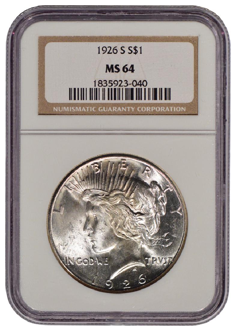1926-S $1 Peace Silver Dollar Coin NGC MS64: One 1926-S $1 Peace Silver Dollar Coin NGC MS64.