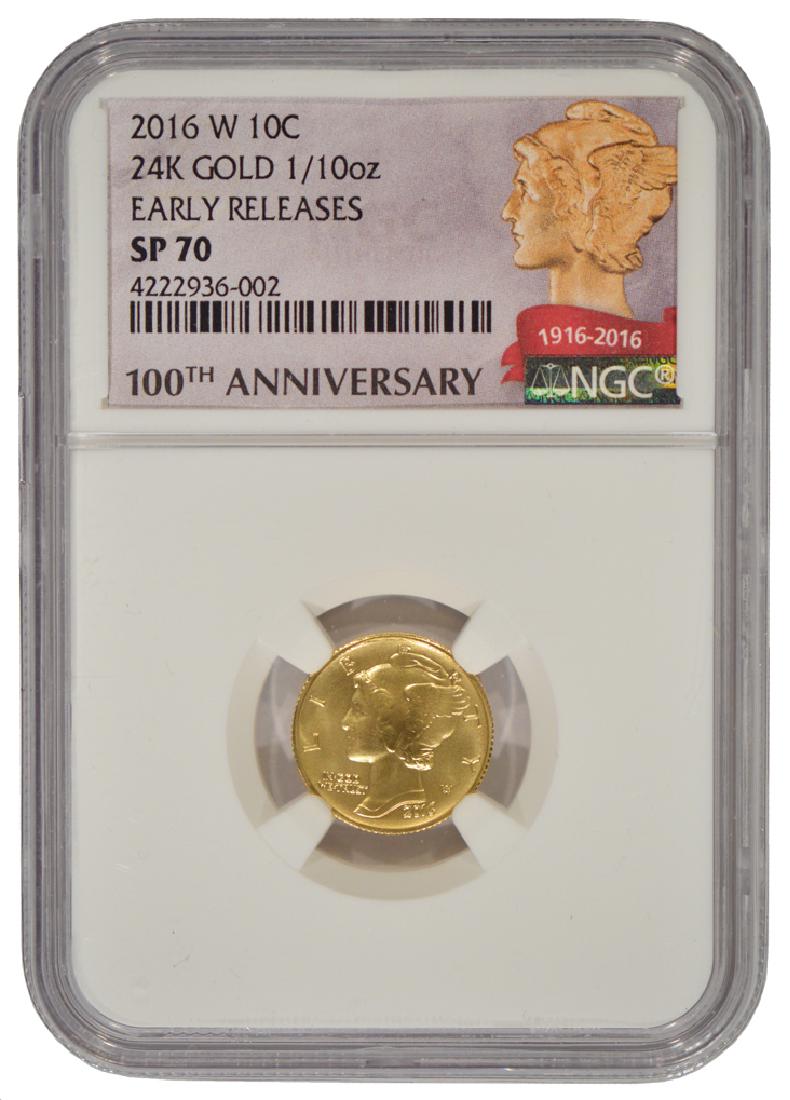 2016-W 1/10 oz Mercury Dime NGC SP70: One 2016-W 1/10 oz Mercury Dime NGC SP70.