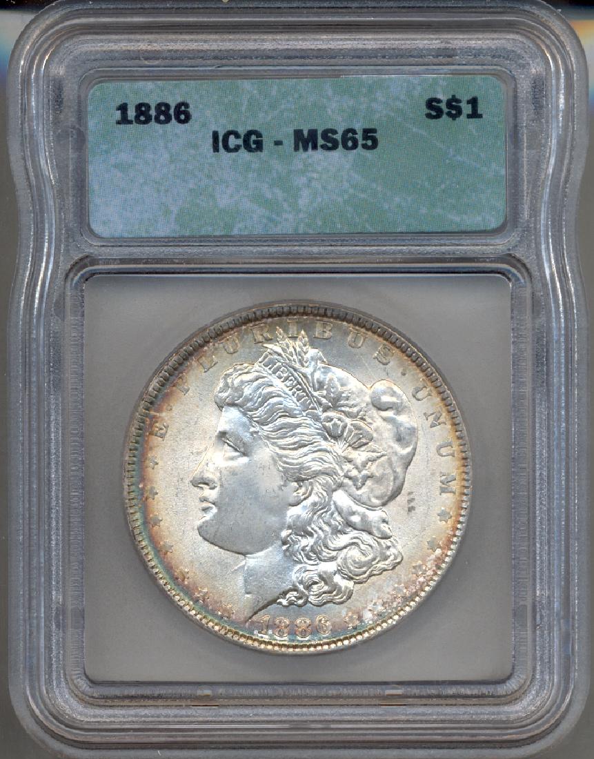 1886 $1 Morgan Silver Dollar Coin ICG MS65: One 1886 $1 Morgan Silver Dollar Coin ICG MS65.