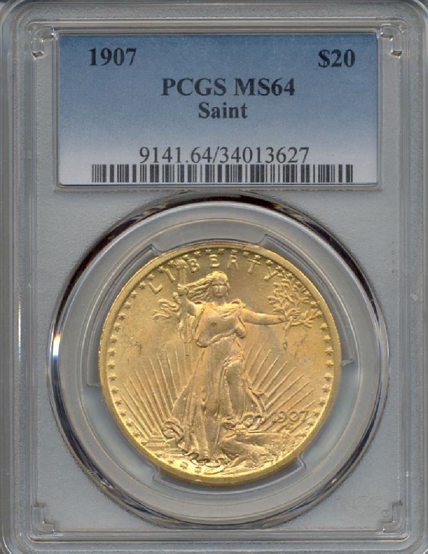 1907 $20 St Gaudens Double Eagle Gold Coin PCGS MS64: One 1907 $20 St Gaudens Double Eagle Gold Coin PCGS MS64.