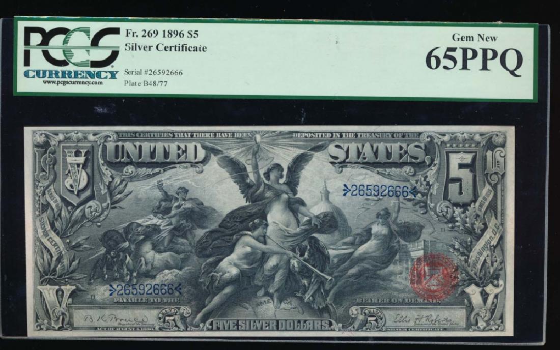 1896 $5 Silver Certificate PCGS 65PPQ: One 1896 $5 Silver Certificate PCGS 65PPQ.