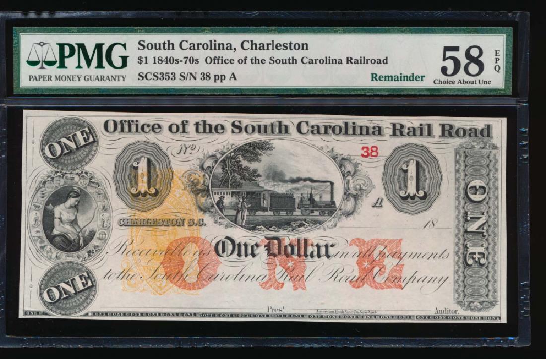 1840s-70s $1 South Carolina Railroad Note PMG 58EPQ: One 1840s-70s $1 South Carolina Railroad Note PMG 58EPQ.