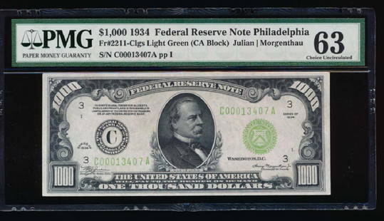 1934 $1000 Philadelphia Federal Reserve Note PMG 63: One 1934 $1000 Philadelphia Federal Reserve Note PMG 63.