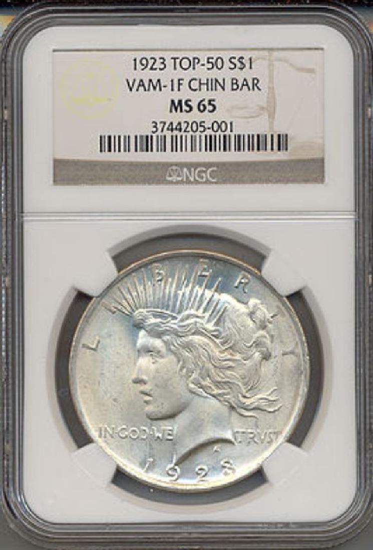 1923 $1 Peace Silver Dollar VAM 1F Chin Bar NGC MS65: One 1923 $1 Peace Silver Dollar VAM 1F Chin Bar NGC MS65.