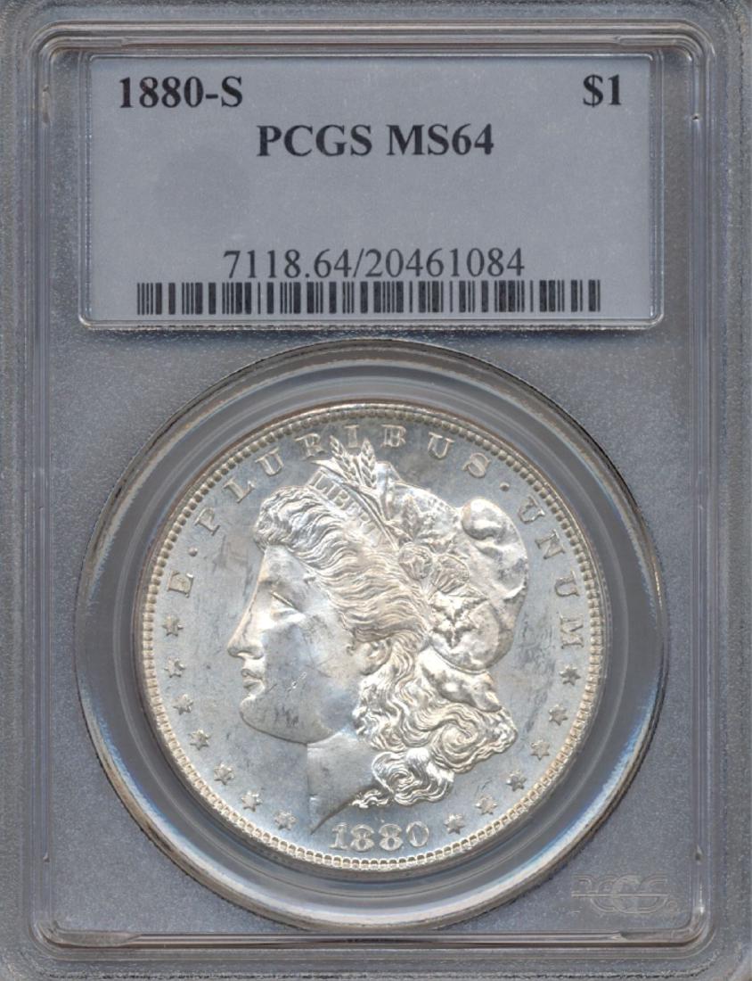 1880-S $1 Morgan Silver Dollar Coin PCGS MS64: One 1880-S $1 Morgan Silver Dollar Coin PCGS MS64.