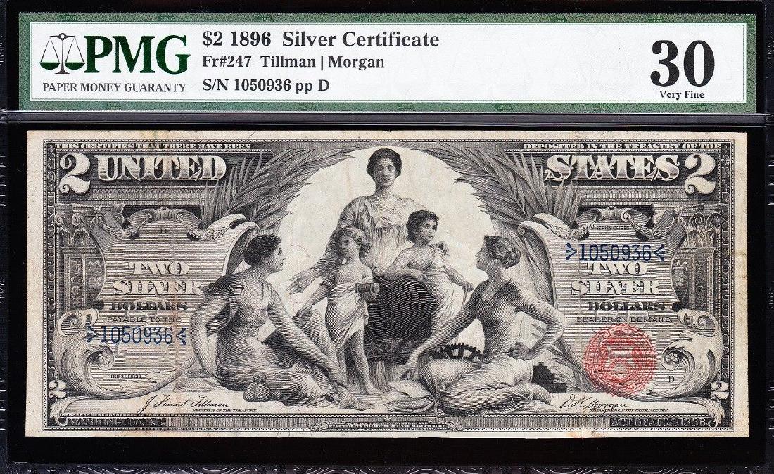 1896 $2 Educational Silver Certificate PMG 30: One 1896 $2 Educational Silver Certificate PMG 30.