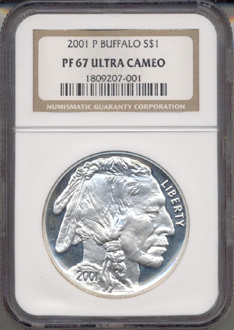 2001-P $1 Buffalo Silver Dollar Coin NGC PF67: One 2001-P $1 Buffalo Silver Dollar Coin NGC PF67.