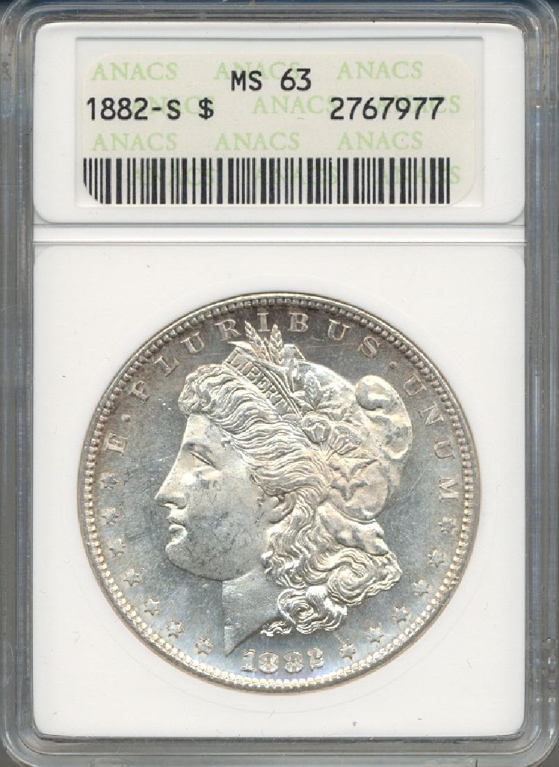 1882-S $1 Morgan Silver Dollar Coin ANACS MS63: One 1882-S $1 Morgan Silver Dollar Coin ANACS MS63.