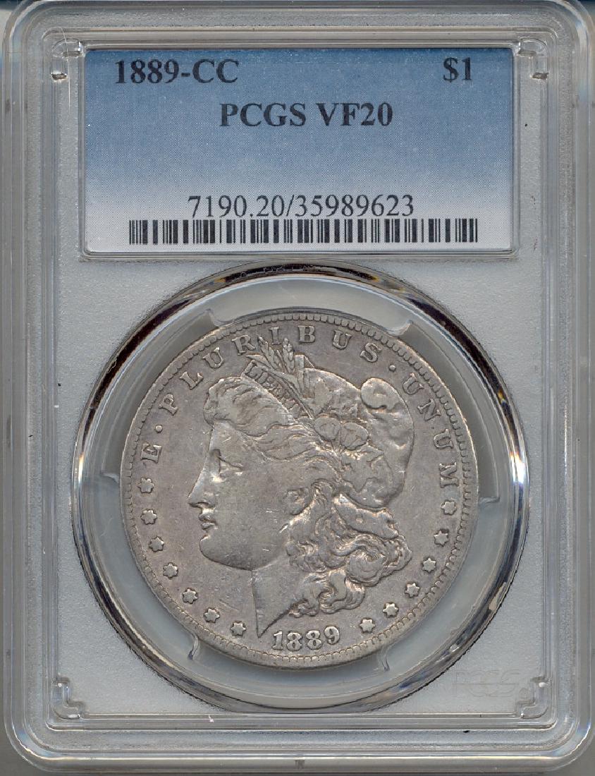 1889-CC $1 Morgan Silver Dollar Coin PCGS VF20: One 1889-CC $1 Morgan Silver Dollar Coin PCGS VF20.