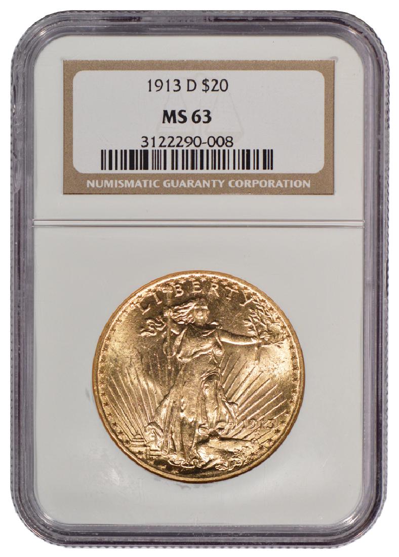 1913-D $20 St Gaudens Double Eagle Gold Coin NGC MS63: One 1913-D $20 St Gaudens Double Eagle Gold Coin NGC MS63.