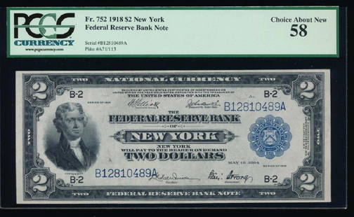 1918 $2 New York Federal Reserve Bank Note PCGS 58: One 1918 $2 New York Federal Reserve Bank Note PCGS 58.