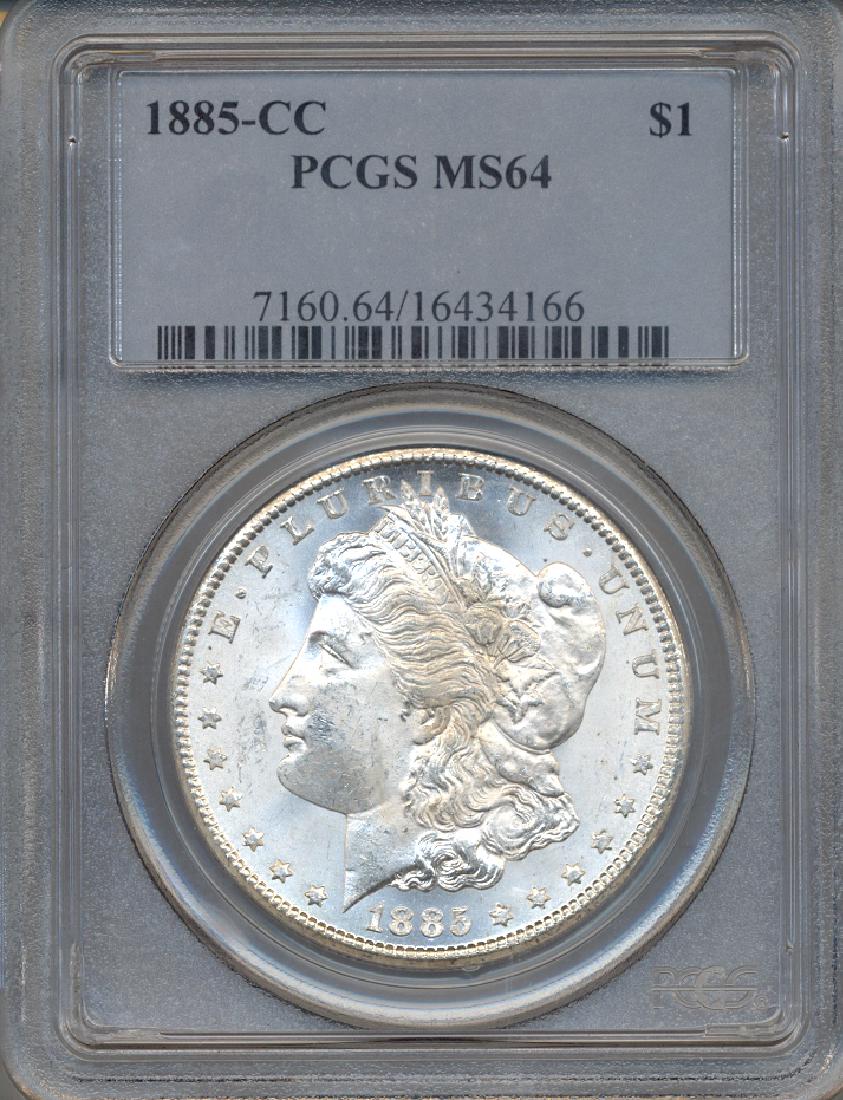 1885-CC $1 Morgan Silver Dollar Coin PCGS MS64: One 1885-CC $1 Morgan Silver Dollar Coin PCGS MS64.