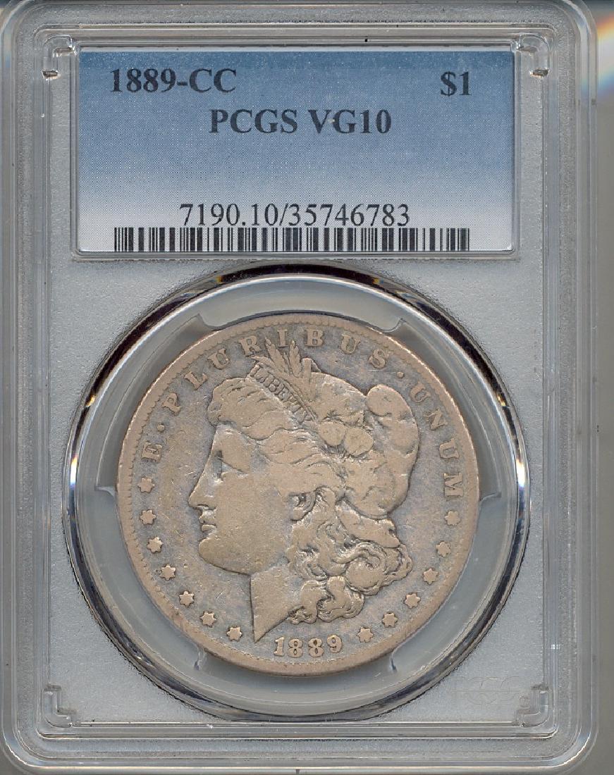 1889-CC $1 Morgan Silver Dollar Coin PCGS VG10: One 1889-CC $1 Morgan Silver Dollar Coin PCGS VG10.