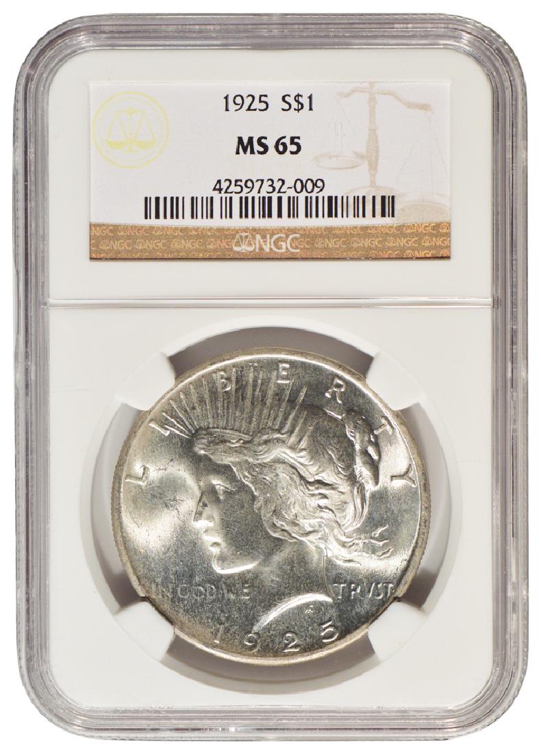 1925 $1 Peace Silver Dollar Coin NGC MS65: One 1925 $1 Peace Silver Dollar Coin NGC MS65.