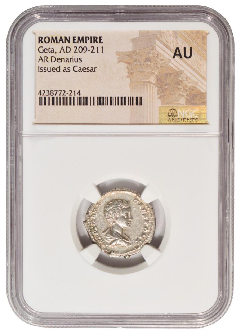Ancient Rome Geta 209-211 AD Denarius Coin NGC AU: One Ancient Rome Geta 209-211 AD Denarius Coin NGC AU.
