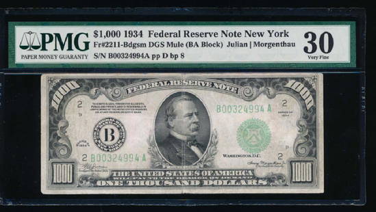 1934 $1000 New York Federal Reserve Note PMG 30: One 1934 $1000 New York Federal Reserve Note PMG 30.