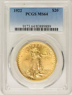 1922 $20 St. Gaudens Double Eagle Gold Coin PCGS MS64: One 1922 $20 St. Gaudens Double Eagle Gold Coin PCGS MS64.