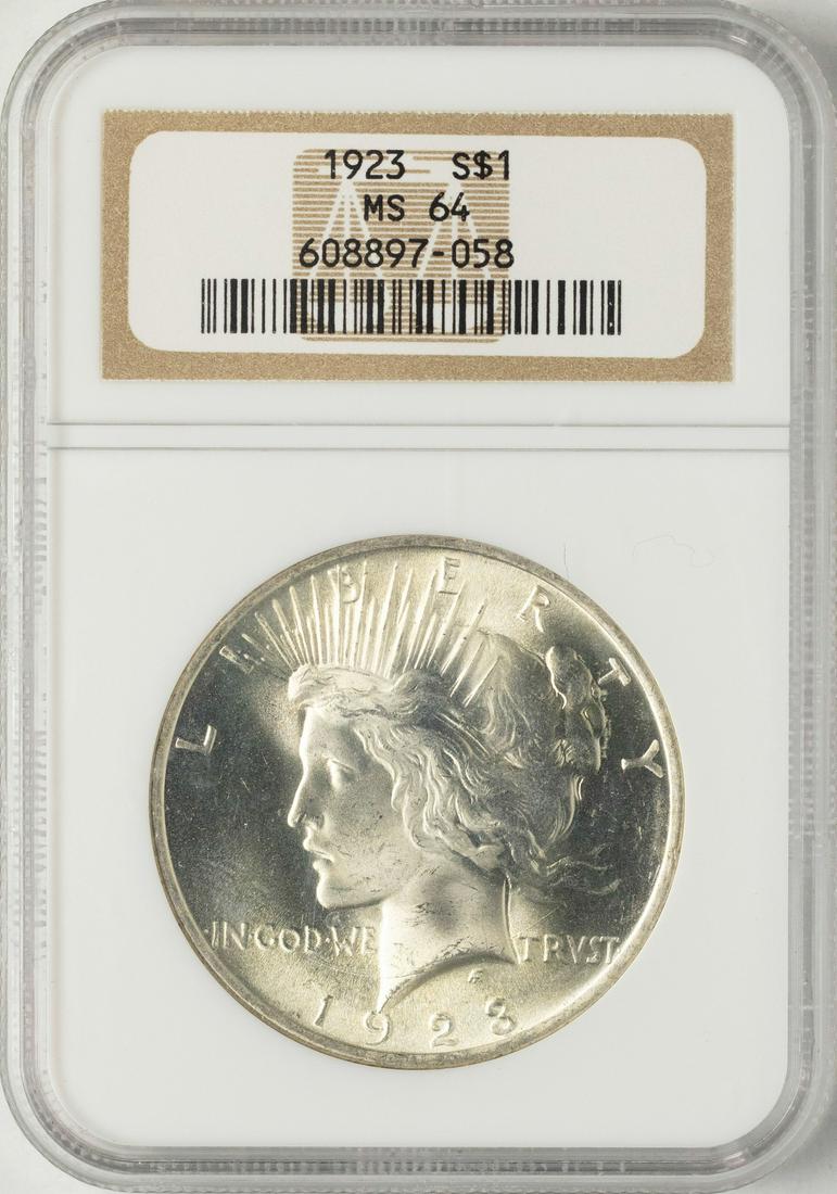 1923 $1 Peace Silver Dollar Coin NGC MS64: One 1923 $1 Peace Silver Dollar Coin NGC MS64.