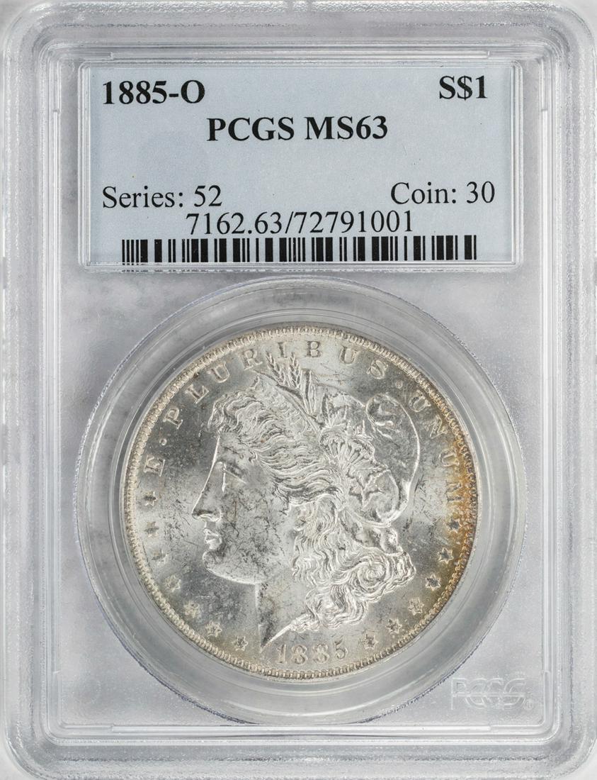 1885-O $1 Morgan Silver Dollar Coin PCGS MS63: One 1885-O $1 Morgan Silver Dollar Coin PCGS MS63.