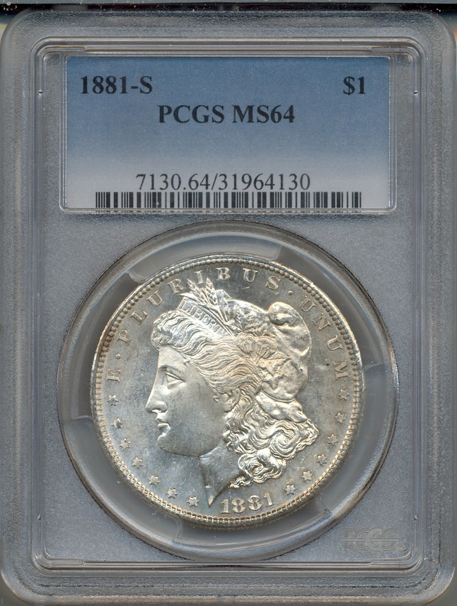 1881-S $1 Morgan Silver Dollar Coin PCGS MS64: One 1881-S $1 Morgan Silver Dollar Coin PCGS MS64.