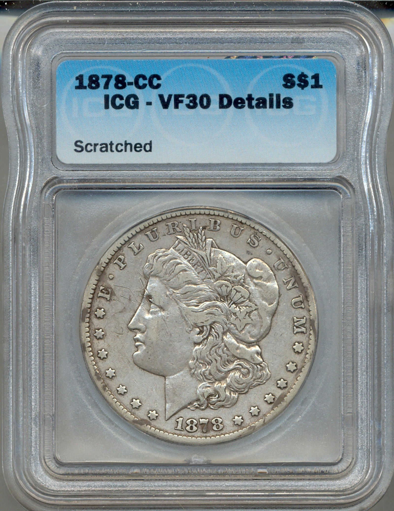 1878-CC $1 Morgan Silver Dollar Coin ICG VF30: One 1878-CC $1 Morgan Silver Dollar Coin ICG VF30.