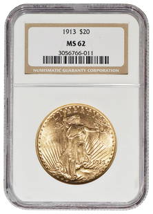 1913 $20 St Gaudens Double Eagle Gold Coin NGC MS62: One 1913 $20 St Gaudens Double Eagle Gold Coin NGC MS62.