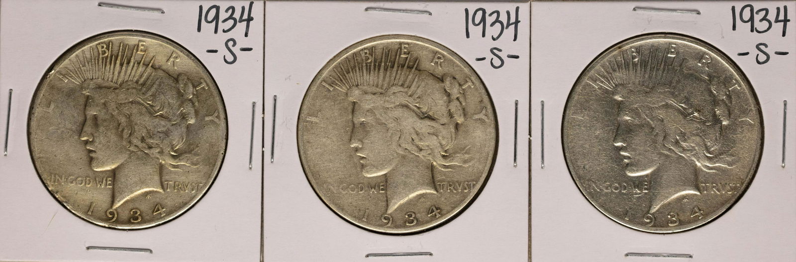 Lot of (3) 1934-S $1 Peace Silver Dollar Coins: One Lot of (3) 1934-S $1 Peace Silver Dollar Coins.