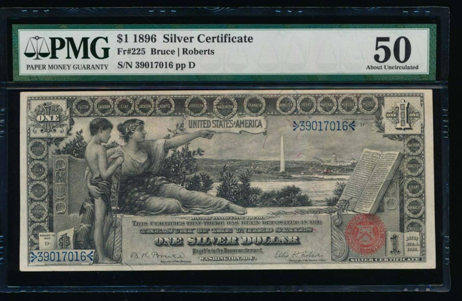 1896 $1 Educational Silver Certificate PMG 50: One 1896 $1 Educational Silver Certificate PMG 50.