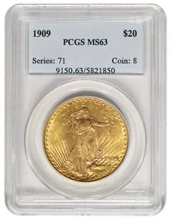 1909 $20 St Gaudens Double Eagle Gold Coin PCGS MS63: One 1909 $20 St Gaudens Double Eagle Gold Coin PCGS MS63.