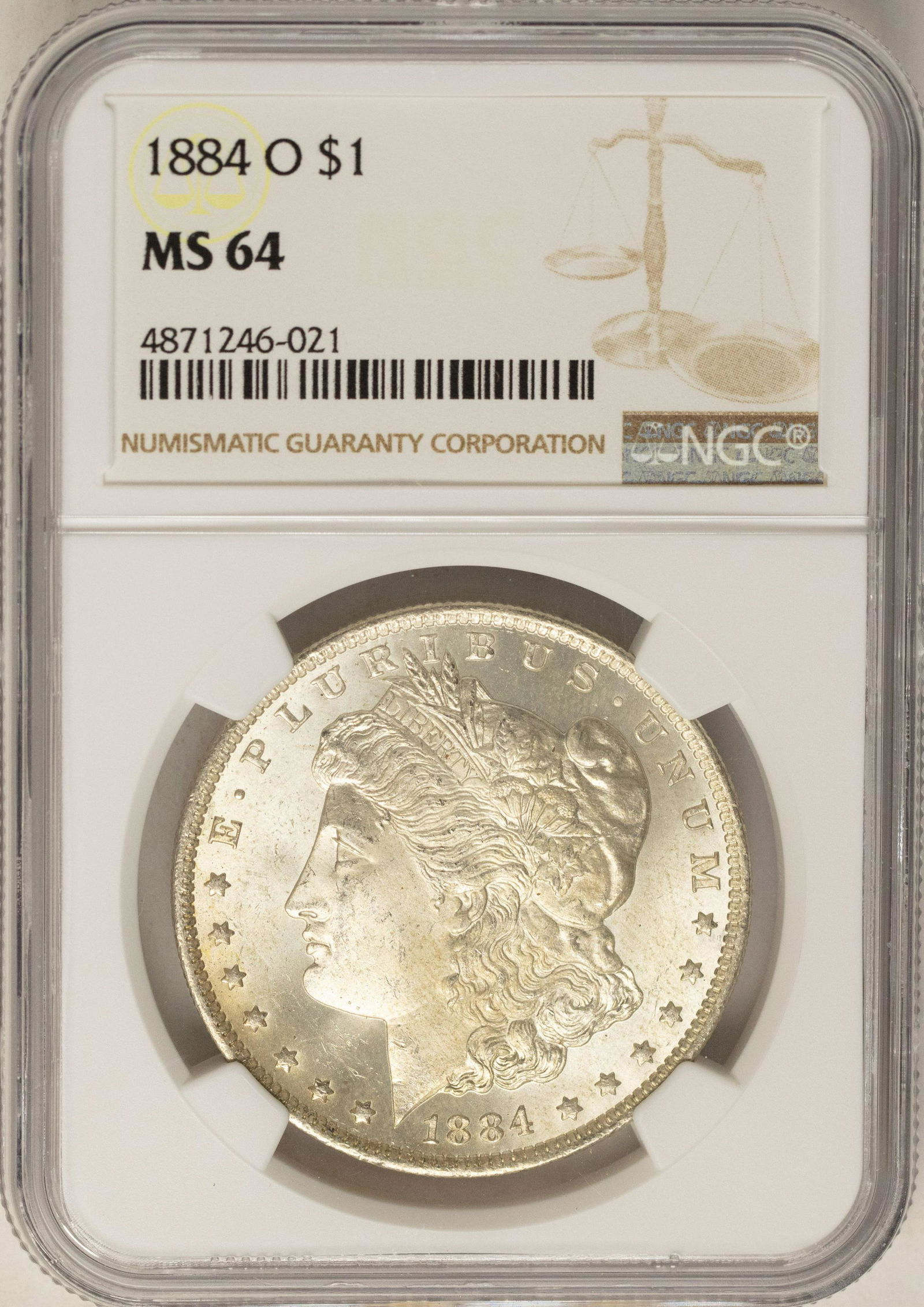 1884-O $1 Morgan Silver Dollar Coin NGC MS64: One 1884-O $1 Morgan Silver Dollar Coin NGC MS64.