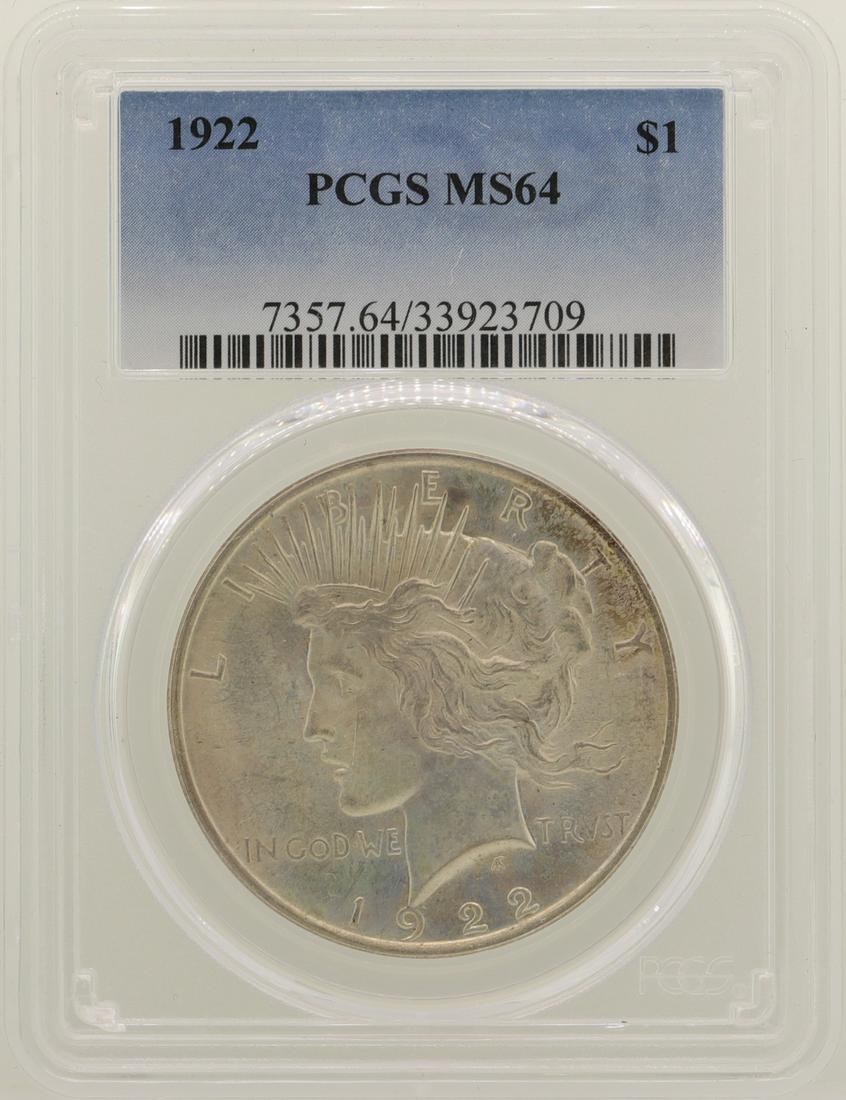 1922 $1 Peace Silver Dollar Coin PCGS MS64: One 1922 $1 Peace Silver Dollar Coin PCGS MS64.