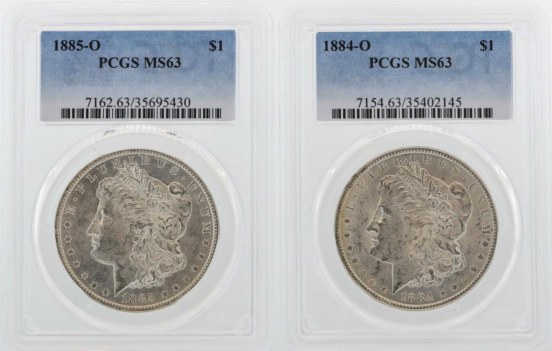 Lot of 1884-O & 1885-O $1 Morgan Silver Dollar Coins: One Lot of 1884-O & 1885-O $1 Morgan Silver Dollar Coins PCGS MS63.