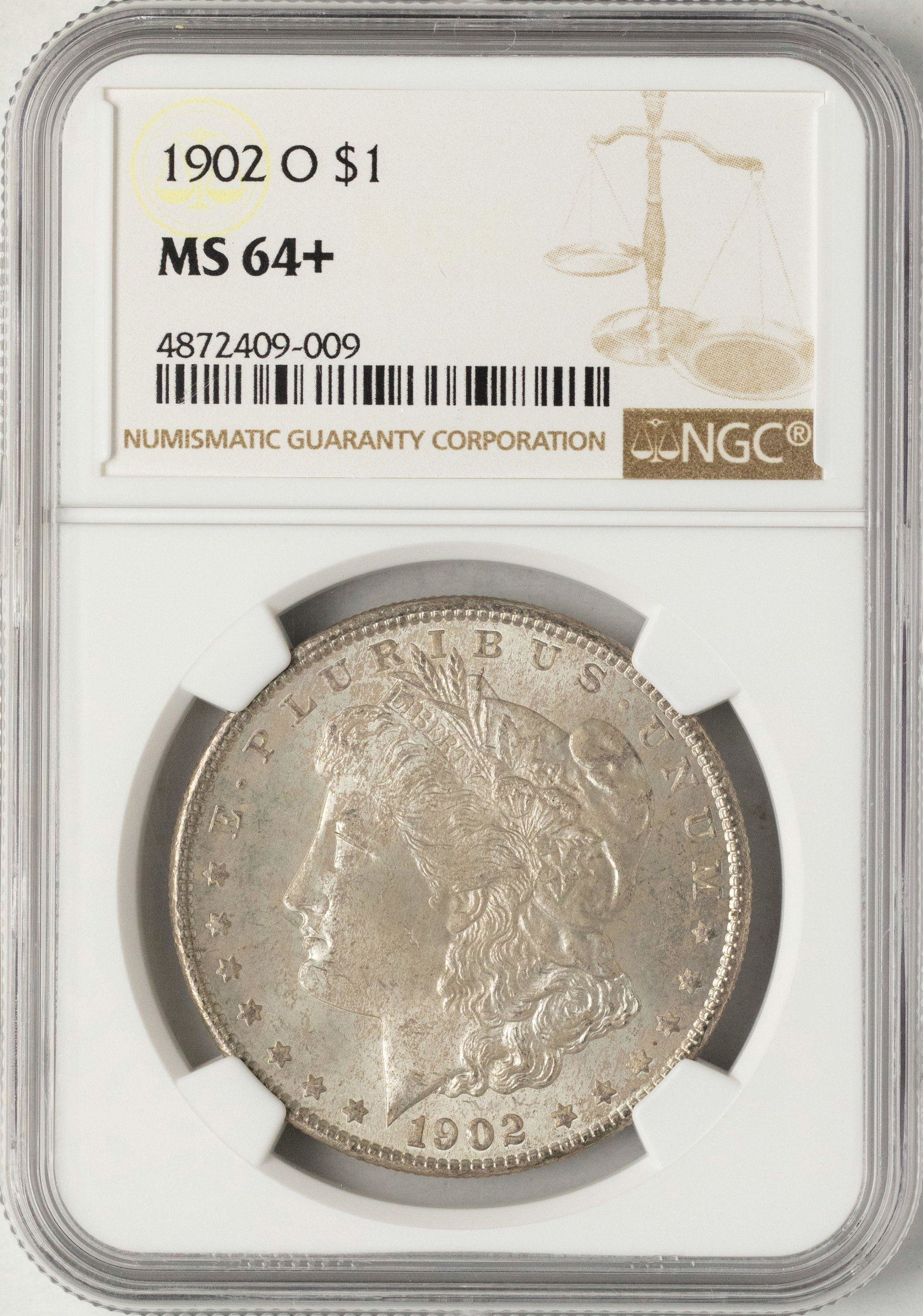 1902-O $1 Morgan Silver Dollar Coin NGC MS64+: One 1902-O $1 Morgan Silver Dollar Coin NGC MS64+.