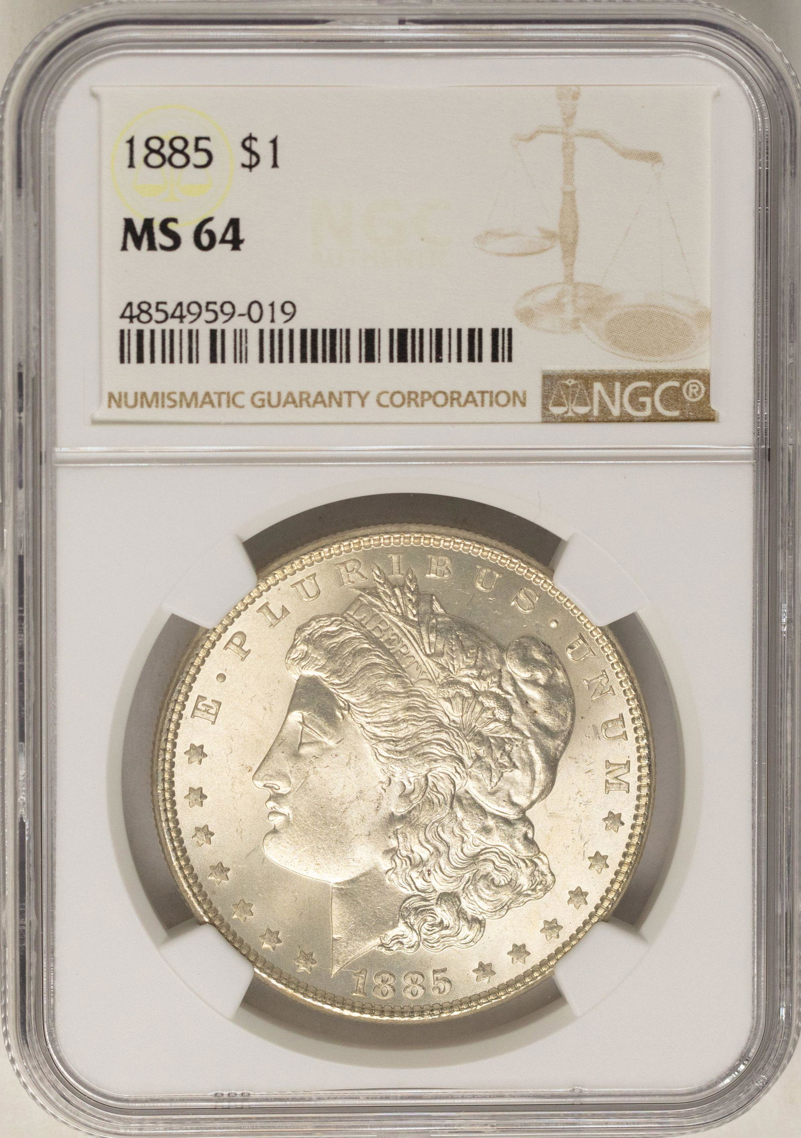 1885 $1 Morgan Silver Dollar Coin NGC MS64: One 1885 $1 Morgan Silver Dollar Coin NGC MS64.