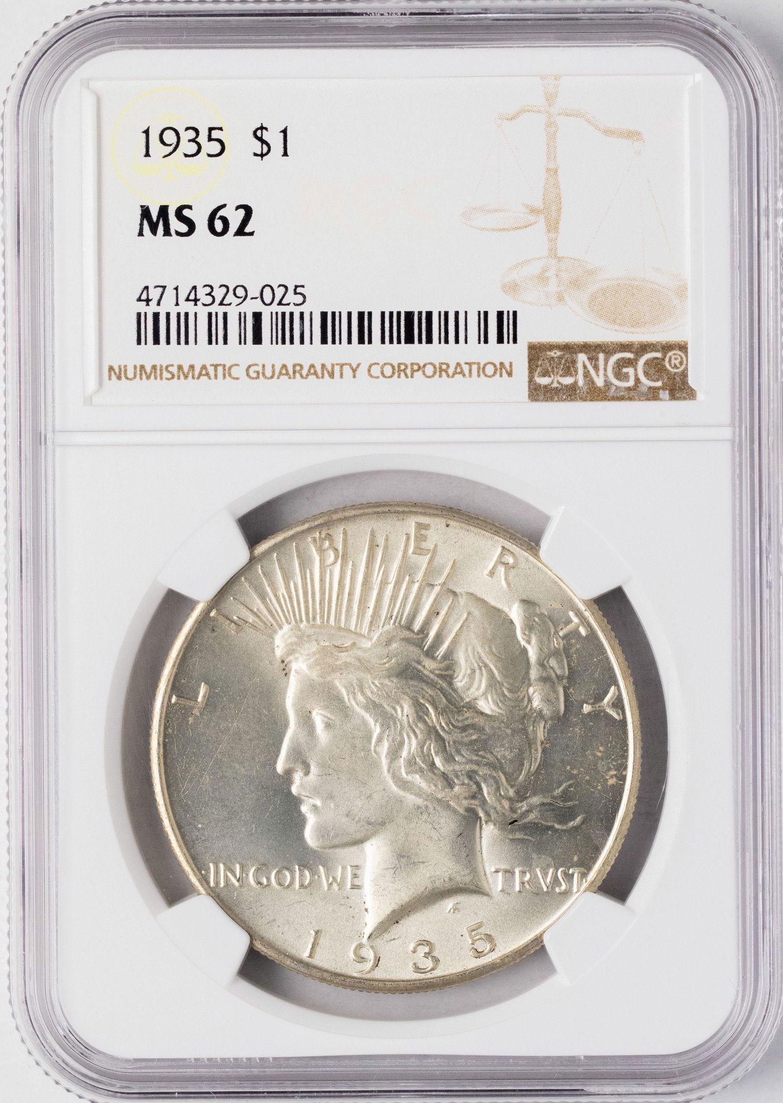 1935 $1 Peace Silver Dollar Coin NGC MS62: One 1935 $1 Peace Silver Dollar Coin NGC MS62.
