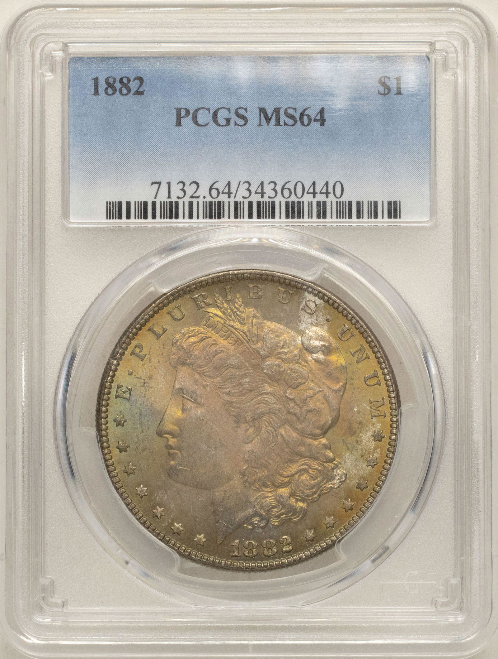 1882 $1 Morgan Silver Dollar Coin PCGS MS64 Amazing: One 1882 $1 Morgan Silver Dollar Coin PCGS MS64 Amazing Toning.