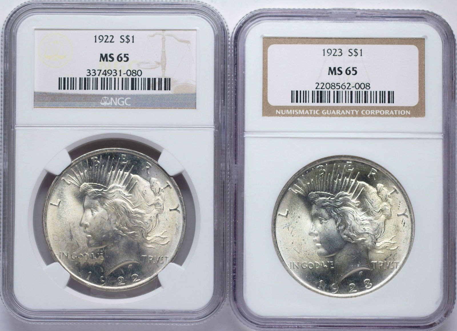 Lot of 1922-1923 $1 Peace Silver Dollar Coins NGC MS65: One Lot of 1922-1923 $1 Peace Silver Dollar Coins NGC MS65.