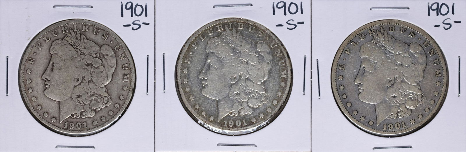 Lot of (3) 1901-S $1 Morgan Silver Dollar Coins: One Lot of (3) 1901-S $1 Morgan Silver Dollar Coins.