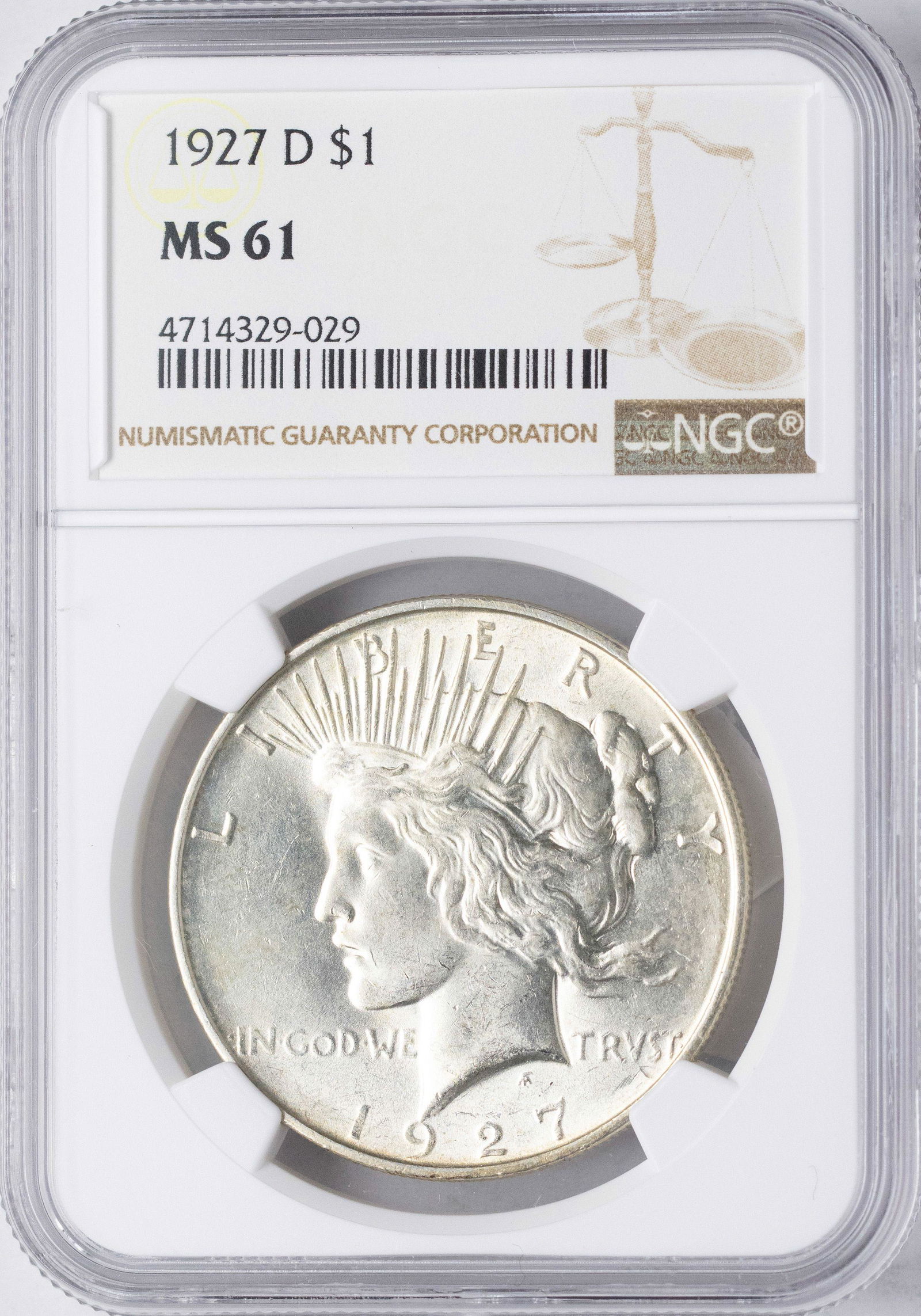 1927-D $1 Peace Silver Dollar Coin NGC MS61: One 1927-D $1 Peace Silver Dollar Coin NGC MS61.